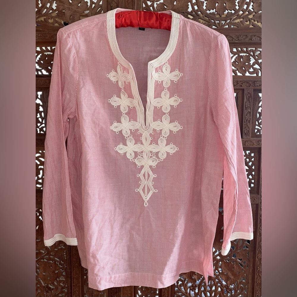 J Crew Blouse Tunic/Blouse Pink & White Size 10